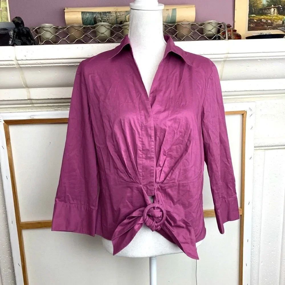 Lafayette 148 elegant raspberry cotton blouse w/belted waist & pretty collar